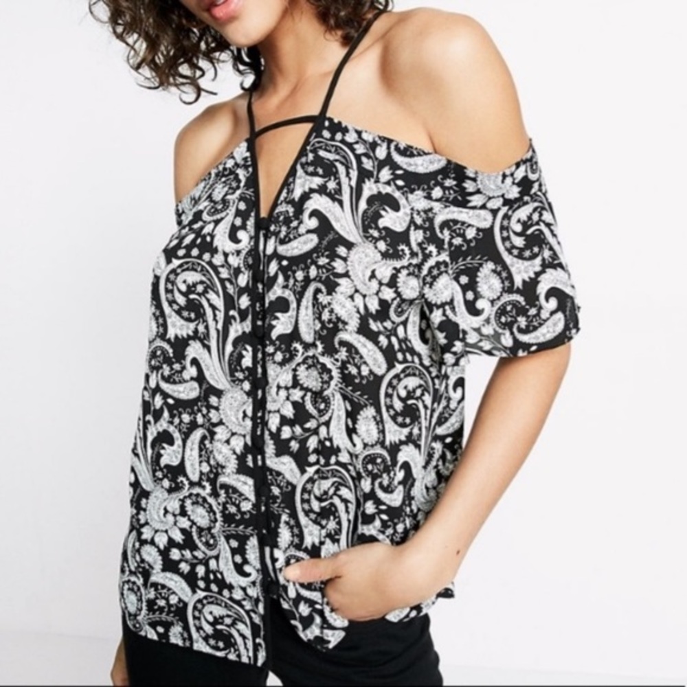 Express Paisley V Neck Off Shoulder Button Top